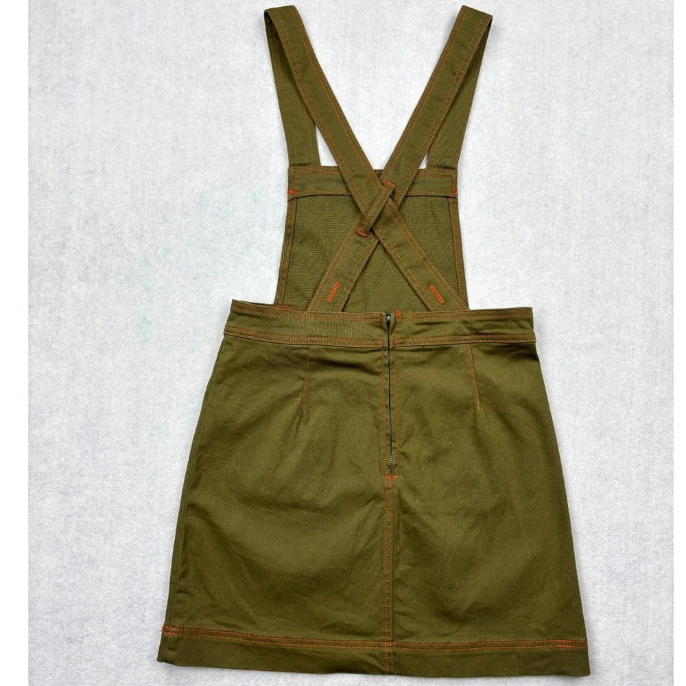 ModCloth Overall Jumper Mini Dress Olive Green Orange Stitch Pinafore Womens 4
